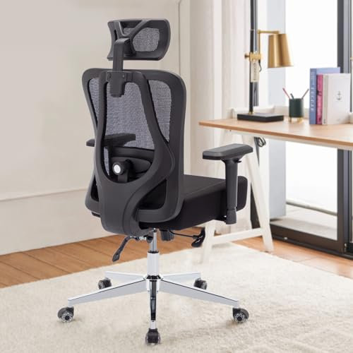 Ergonomischer Bürostuhl 200kg, Schreibtischstuhl mit 4D Armlehnen, 3D Sitzkissen, Verstellbarer Lendenwirbelstütze und Kopfstütze, 125° Wippfunktion, Bürostühle für Haus und Büro, Office Chair Schwarz