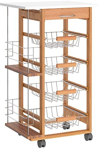 HOMCOM Desserte Cuisine, desserte à roulettes avec tiroir, 4 paniers et étagères latérales, Chariot de Rangement pour Salon, Bureau, Cuisine, 47 x 37 x 83 cm, Blanc et Marron