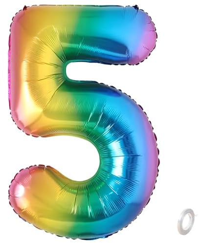 Balorise 40 Zoll Aluminium Luftballon Regenbogen Zahl 5, Helium Unterstützt, Ballon Nummer 0-9, 10-100 (101cm), große Folienballons Dekoration für Geburtstagsfeier, Hochzeit, Jubiläum