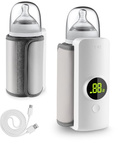 Portable Bottle Warmer, Cordless Baby Bottle Warmer, Electric Travel Milk Heater with LCD Display for Breastmilk or Formula, Rechargeable USB 6000mAh, 6 Gears Precise Temperature, Warms Evenly