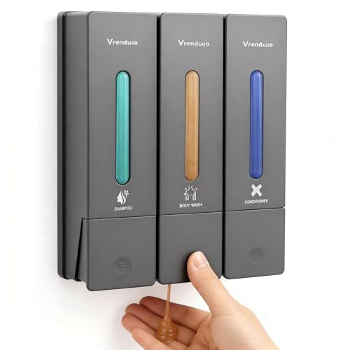 Shampoo and Conditioner Dispenser,Shower Dispenser 3 Chamber No Drill,Shower Soap Dispenser Wall Mounted for Bathroom Hotel with Upgrade Pump Head(Grey 3 Chamber)