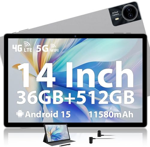 MAXLEGEN Tablette 14 Pouces, Ecran 2,5K FHD, 36Go RAM, 512Go ROM/1To Extensible, Android 15, Dual SIM 4G LTE + 5G WiFi, Tablette Tactile avec GPS/13MP/Octa-Core/11580mAh, Étui, Écouteurs, Stylo Inclus