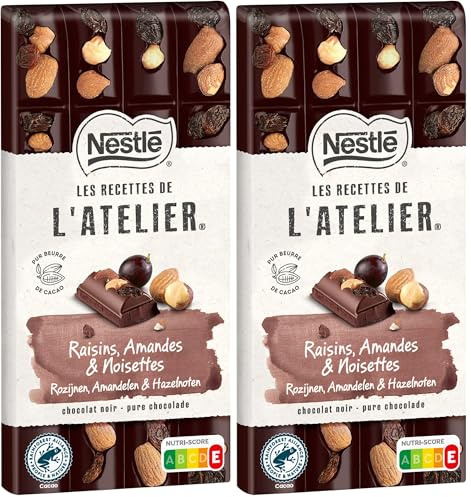 Nestlé Les Recettes de L'Atelier - Tablette Chocolat Noir Raisins, Amandes et Noisettes - 170g (Lot de 2)