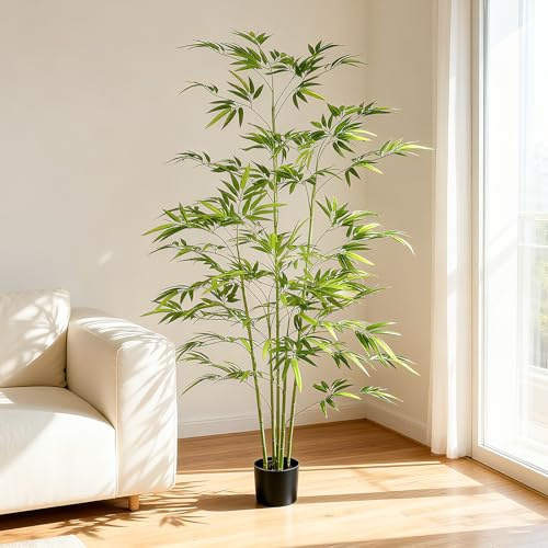 Hamlody Árbol de Bambú Artificial, 150 cm de Alto Bambu Planta, Decoración de Bambú con Hojas Simuladas y Tronco Natural, Planta Verde Realista, Adecuada para Uso en Exteriores, Hogar y Oficina
