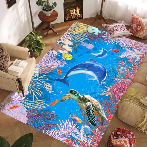 ZLXMN 160x230cm Unterwasserwelt-Teppiche füR Jungen- Und MäDchenzimmer Krabbelteppich Spielmatte Weicher Rutschfester Flanellteppich Mit Walen MeeresschildkröTen Fischen Und Korallen – Ozean-Teppich