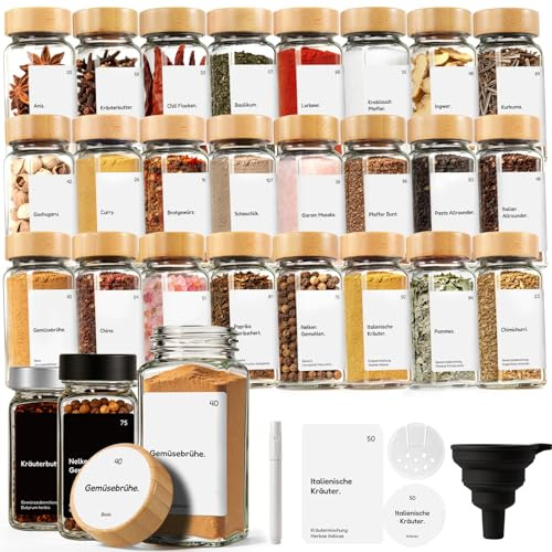 MHDCLY 24er Set Gewürzgläser Eckig mit Bambusdeckel (120ml) - Luftdichte Spice Jars & Gewürzstreuer Glas inkl. 342 Etiketten, Stift & Trichter - Ideal als Gewürz Organizer für Schublade