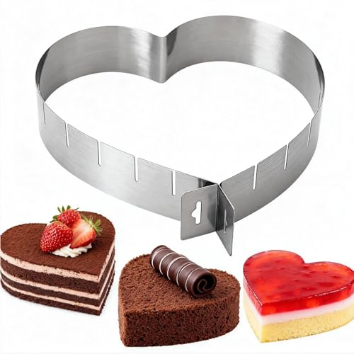 inkihuit Verstellbarer Herzbackform Dessertringe, Herz-Tortenring Kuchenform aus Edelstahl, Törtchen Formen Backform Für Herz-Mousse, Käsekuchen & Gelee, Langlebig & Einfach zu Reinigen, 1 Stück