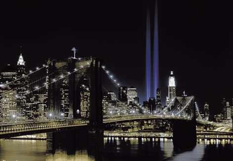 Fototapete (97265)- NEW YORK at NIGHT - Brooklyn Bridge Manhattan Stadt City Wasser Himmel Skyline Brücke Nacht USA Amerika Big Apple Zimmer - 8-teilig - Größe 366 x 254 cm - Motivtapete Postertapete Bildtapete Großformat Riesenposter Wall Mural