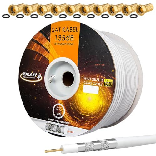 135dB 100 m coassiale SAT Cavo KU in rame puro cavo coassiale Antenna Cavo schermato a 5 strati per DVB-S/S2 DVB-C e DVB-T BK Impianti + 10 placcato oro connettore F con anello in gomma Set in omaggio di HB Digital