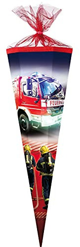 alles-meine.de GmbH Schultüte - Feuerwehr - 70 cm - rund - Filzabschluß - Zuckertüte - mit/ohne Kunststoff Spitze - für Jungen - Auto Rettung/Notruf - Feuerwehrauto - Fah..
