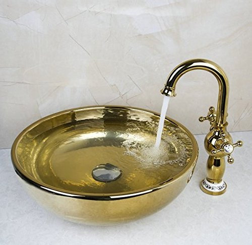 GOWE Polished Golden Bowl Sinks/Vessel Basins with Waterfall Faucet Washbasin Ceramic Basin Sink & Faucet Tap Set
