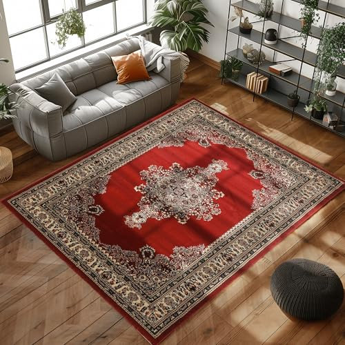 Carpettex Kurzflor Orientalischer Teppich - Klassisch Optik Webteppich Rot 120 x 170 cm - Vintage Wohnzimmerteppich Schlafzimmer Waschbar