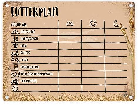 Metallschild mit Futterplan für Pferde Motiv als Boxenschild