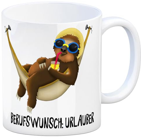 trendaffe Kaffeebecher mit Faultier in Hängematte Motiv und Spruch: Berufswunsch: Urlauber