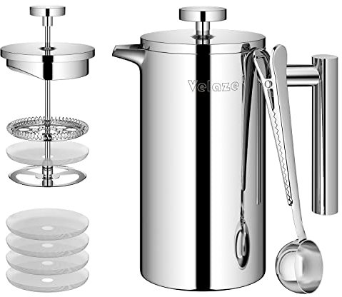 Velaze Edelstahl Kaffeebereiter, 0,35 L, Kaffeepresse für 2 Tassen, Doppelwandig, Cafetiere Kaffee Kanne mit 5 Ersatzsiebe und Löffel