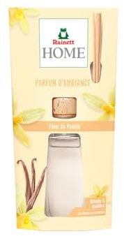 RAINETT Home - Parfum d'Ambiance - Détente & Equilibre - Aux Huiles Essentielles - Parfum Longue Durée (6 à 8 Semaines) - Senteur Fleur de Vanille - 1 Flacon 90 ml + Bâtonnets en Rotin