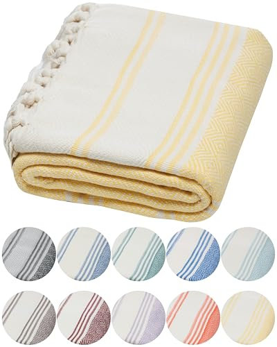 DEMMEX Strandtuch, Badetuch, 100% zertifizierte türkische Bio-Baumwolle, Pestemal, Hamamtuch, Saunatuch, Stranddecke, übergroß schnell trocknend sandfrei kompakt – vorgewaschen, 180x90cm, Gelb