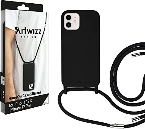 Artwizz HangOn Case kompatibel mit iPhone 12/12 PRO - Elastische Schutzhülle aus Silikon als Handykette zum Umhängen mit Band - Schwarz