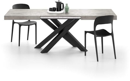 MOBILI FIVER, Mesa Extensible Emma 140(220) x90 cm, Color Cemento Gris con Patas Cruzadas Negras, para 6-10 Personas, Mesa Extensible de Comedor, Mesa Cocina, Salon, Made In Italy
