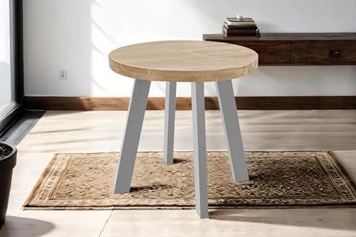 SAM Runder Esszimmertisch 80 cm Sophia, Akazienholz massiv, Esstisch naturfarben, 4-Fuß-Gestell aus Metall Silber, Holztisch im Industrial-Stil, aufgedoppelte Tischplatte 50mm (25+25mm)