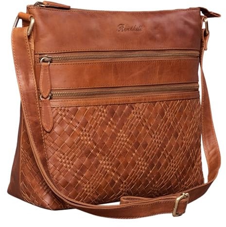 Benthill Schultertasche Damen Echt Leder | Umhängetasche aus echtem Rindsleder | Frauen Handtasche Vintage | Shopper Bag Beutel, Farbe:Braun