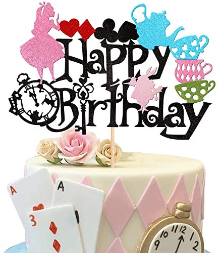 1 Stück Alice Happy Birthday Tortenaufsatz Glitzer Magische Poker Bunny Schüssel Uhr Fee Eat Me Kuchen Pick Dekorationen für Alice im Wunderland Thema Tee Party Baby Shower Kinder Geburtstag Party