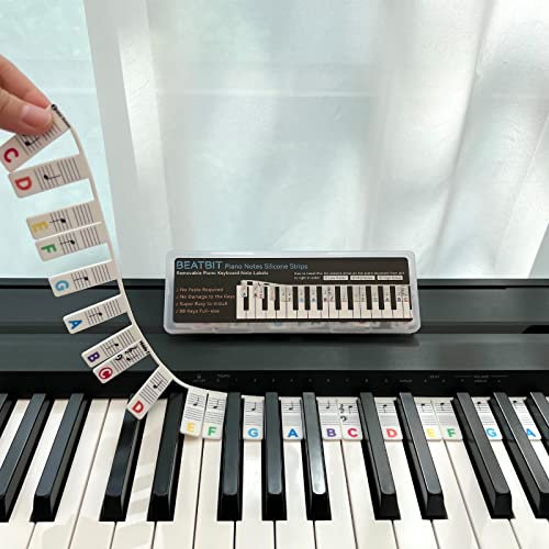 BEATBIT Guía de aprendizaje de notas de piano para principiantes, etiquetas de notas de teclado de piano extraíbles, 88 teclas tamaño completo, reutilizable y viene con caja (7 colores arcoíris)
