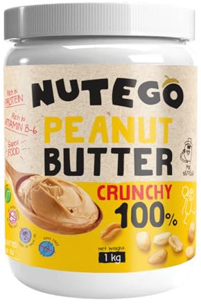 Nutego Mantequilla de Maní Crujiente 1 kg - 100% Natural - Alto Contenido de Proteínas - Sin Aditivos de Sal, Azúcar, Aceite o Grasa de Palma - Vegano