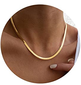 Hipwope 14K Gold/Silver Plated Snake Chain Necklace,Herringbone Necklace For Women Gold Filled Flat Chain Necklace for Women Girl Gifts Jewelry Adjustable Necklace 3/5MM(W) 16/18 20/22/24(L)