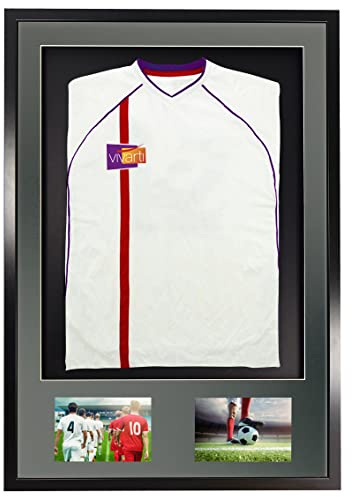 Vivarti DIY Adult 3D Mounted + Double Aperture Sports Display Frame for Football, Rugby, Band T-Shirt Shadow Box - 61 x 91.5cm - Black Frame, Silver Mount, Black Backing Card