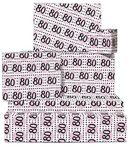 Central 23 Geschenkpapier zum 80. Geburtstag für Frauen – 6 Blatt dicke Geschenkpapier – rosa gepunktet – Happy Birthday Geschenkpapier für Oma, Mama – kommt mit lustigen Aufklebern