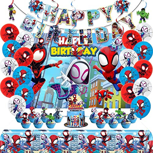 Spiderman Geburtstagsdeko 66 Stück Spidey und Seine Super-Freunde Kindergeburtstag Deko Enthält ‘Happy Birthday’ Banner, Kulisse, Tischdecke, Kuchentopper, Hängewirbel, Cupcake-Topper, Latexballons