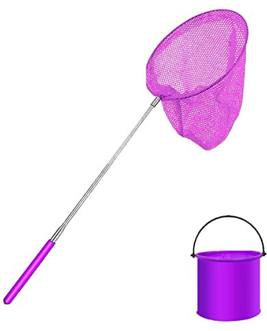 1 Pack Kids Telescopic Butterfly Net Fishing Net Pond Net Extendable (14.5 to 33.8 Inches) With 1 Pack Folding Bucketfor Kids Catching Bugs Insect Small Fish Outdoor Beach Garden Activities (Purple)