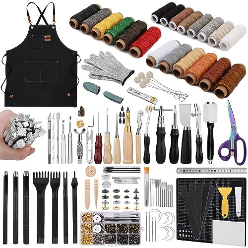 Bamru Leder Werkzeugset, Leder Handwerkswerkzeuge und Zubehör Set, Lederbearbeitungswerkzeuge, Leder Handwerksset, Leder Nähwerkzeug-Set für Anfänger oder Profis mit Werkzeughandbuch