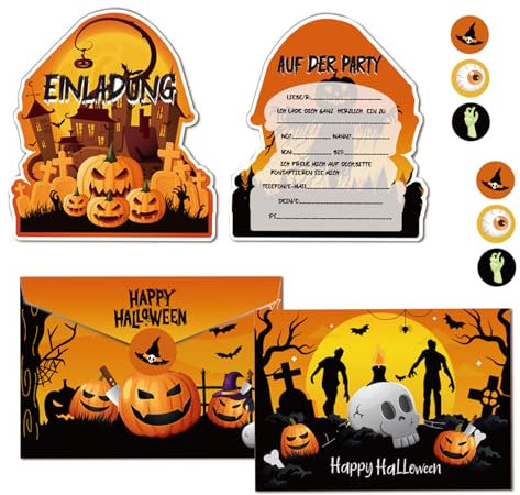Vordpe 12 Stück Halloween Kürbis Einladungskarten, mit 12 Umschlag, 12 Runder Aufkleber, Halloweenparty Party Einladung für Eine Schaurig Schöne Halloween-Party Einladung