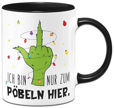 Tassenbrennerei Grinch Tasse - Ich bin nur zum Pöbeln hier - Weihnachtstasse lustig, Kaffeetasse mit Spruch - Weihnachts-Deko, Bürotasse (Schwarz)