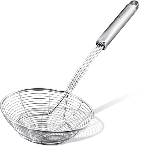 Anaeat Edelstahl-Spinnen-Sieb, Skimmer, solides Küchensieb, Schöpfkelle mit langem Griff zum Kochen und Braten, verstärkte Doppelspulen-Schlitzlöffel für Nudeln, Spaghetti (17,8 cm)