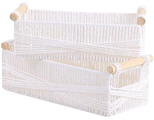 OUTBROS 2-Pack Woven Storage Basket, Wicker Trays with Handle, Stackable Paper Rope Boxes, Living Room Bathroom Shelf Organizer Container, Decoration Bins, White, STB205-ZWS