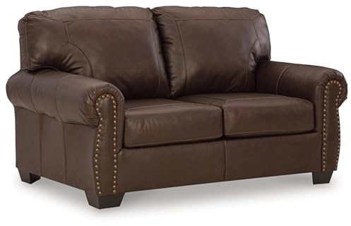 Signature Design by Ashley Colleton Traditional Loveseat with Nailheads, Top Grain Leather and Skillfully Matched Leather, 67 W x 40 D x 39 H, Dark Brown