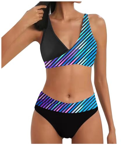 Allegorly Damen Bikini Set Triangel Breites Unterbrustband Zweiteiliger Badeanzug Wickeloptik Lace Up Bikini V Ausschnitt Blumenmuster Zweiteiliger Badeanzug Swimsuit (1C-Purple, M)