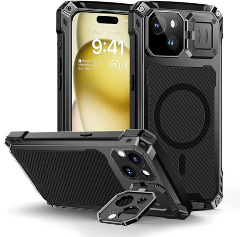 Lanhiem for iPhone 15 Plus Case, [Tempered Glass Screen Protector][Camera Kickstand] Heavy Duty Shockproof Cover for 15 Plus Metal Tough Case, Full Protective Case for iPhone 15 Plus (Black)