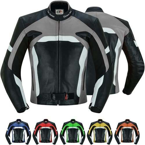 German Wear Herren Motorradjacke Lederjacke mit Protektoren Farbe: Grau, Größe: 58