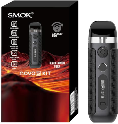 SMOK NOVO 5 E-Zigaretten Vape Kit 900 mAh Batterie Luftstromkontrolle Tasten- oder Zugaktivierung 0,69-Zoll-OLED-Bildschirm Kompatibel mit NOVO 5 Mesh 0,7 Ω MTL Pods Kein Nikotin Schwarze Carbonfaser