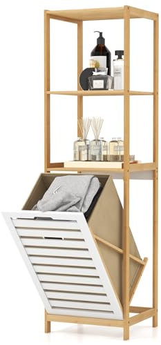 COSTWAY Bamboo Laundry Basket, Tilt-Out Laundry Hamper with Removable Pull-Out Liner Bag and Storage Shelves, Dirty Clothes Bin Washing Basket Organiser for Bathroom Bedroom, 36x33x130cm