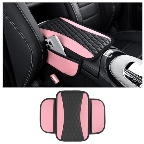 Auto VerbesserteArmlehnenbezug,Mikrofaser-Leder Auto Armlehnenabdeckung mit 2 Aufbewahrungstaschen,Universal Armlehnen Polster Auto Zubehör Innenraum für die Meisten Fahrzeuge (Rosa)