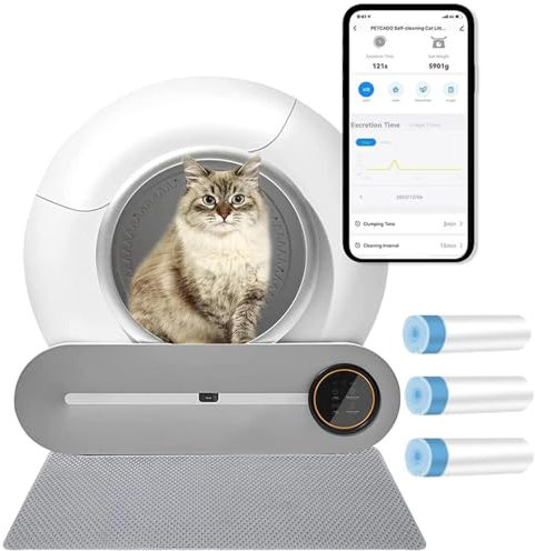 menglanchang Self Cleaning Cat Litter Box | No Scooping Automatic Cat Litter Box Robot |Auto Cat Litter Box For Multiple Cats |App Control&65l+9l Large Capacity Cat Litter Box W/Mat/3 Rolls Bag,White
