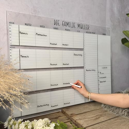 NordicCraft personalisierter Kalender 2024 Wandkalender aus Acrylglas für das ganze Jahr (4 Spalten) - Weiß Familienkalender 2024 & Wochenplaner - Wandkalender 2024 für das ganze Familie