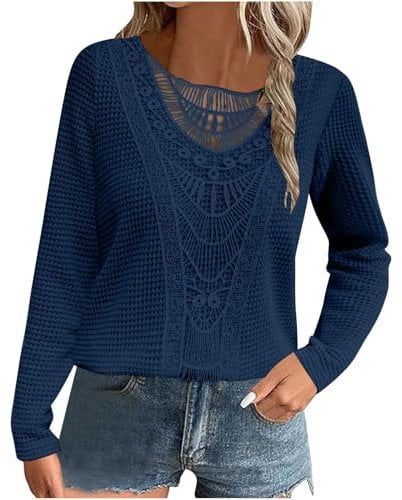 Women's Long Sleeve Tunic Top UK Clearance - Elegant Dressy Waffle T-Shirt Plain Loose Casual Sweatshirt Crewneck Pullover Lace Blouse for Ladies Work Office