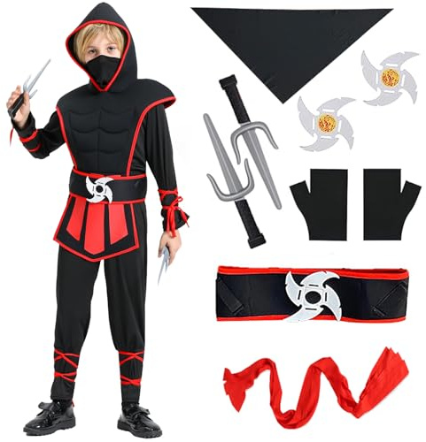 XCMVCN Ensemble de costumes de ninja pour enfants avec accessoires ninja, costume de carnaval, costume d'Halloween, jeu de rôle ninja (Noir + Rouge, M)