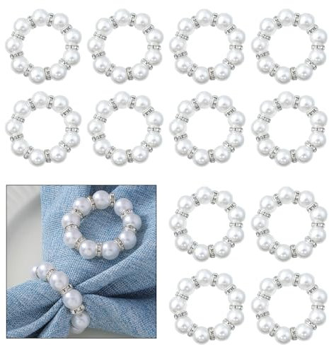 Hevysuo 12 Stück Serviettenringe Künstliche Perle,Kunststoff Servietten Schnalle für Hochzeit Party Abendessen Jubiläum Tischdekoration 1,9 x 0,3 Zoll,Silber